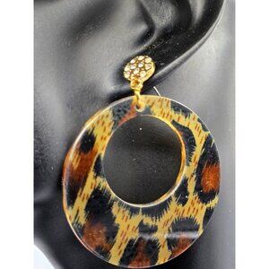 Vintage 1970s Leopard and Rhinestone Lucite Pierced Earrings 2 inch hoops